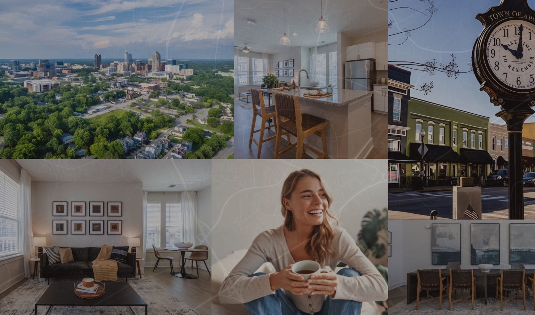 a collage of photos including a clock a woman holding a coffee cup apartment interiors and an aerial view of a city with many trees