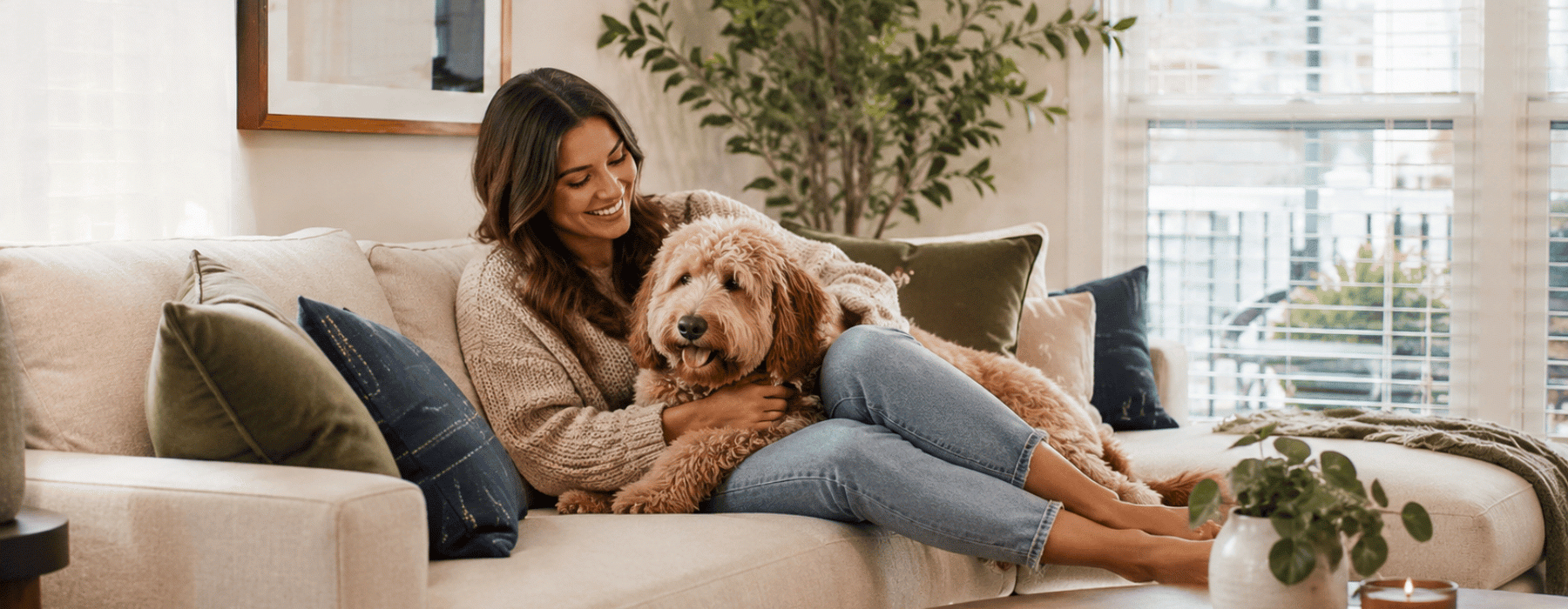 a woman on a couch with her dog