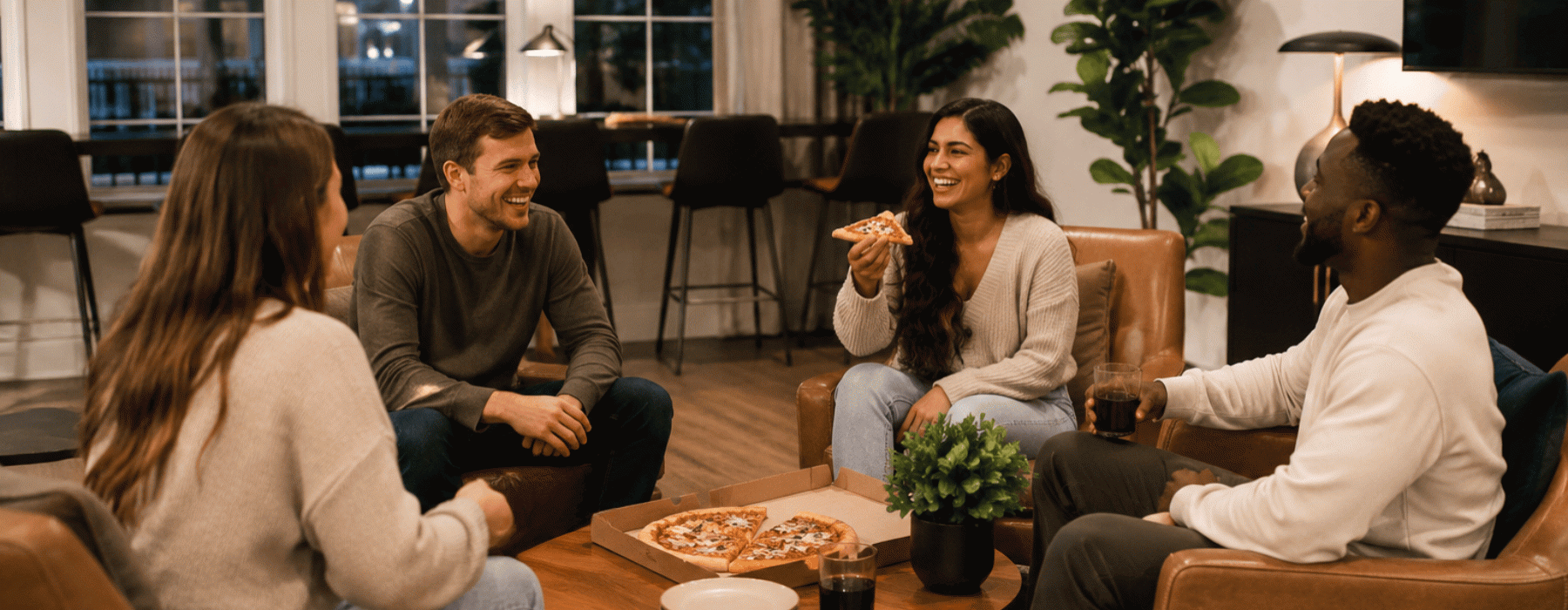 a group of people eating in a living space